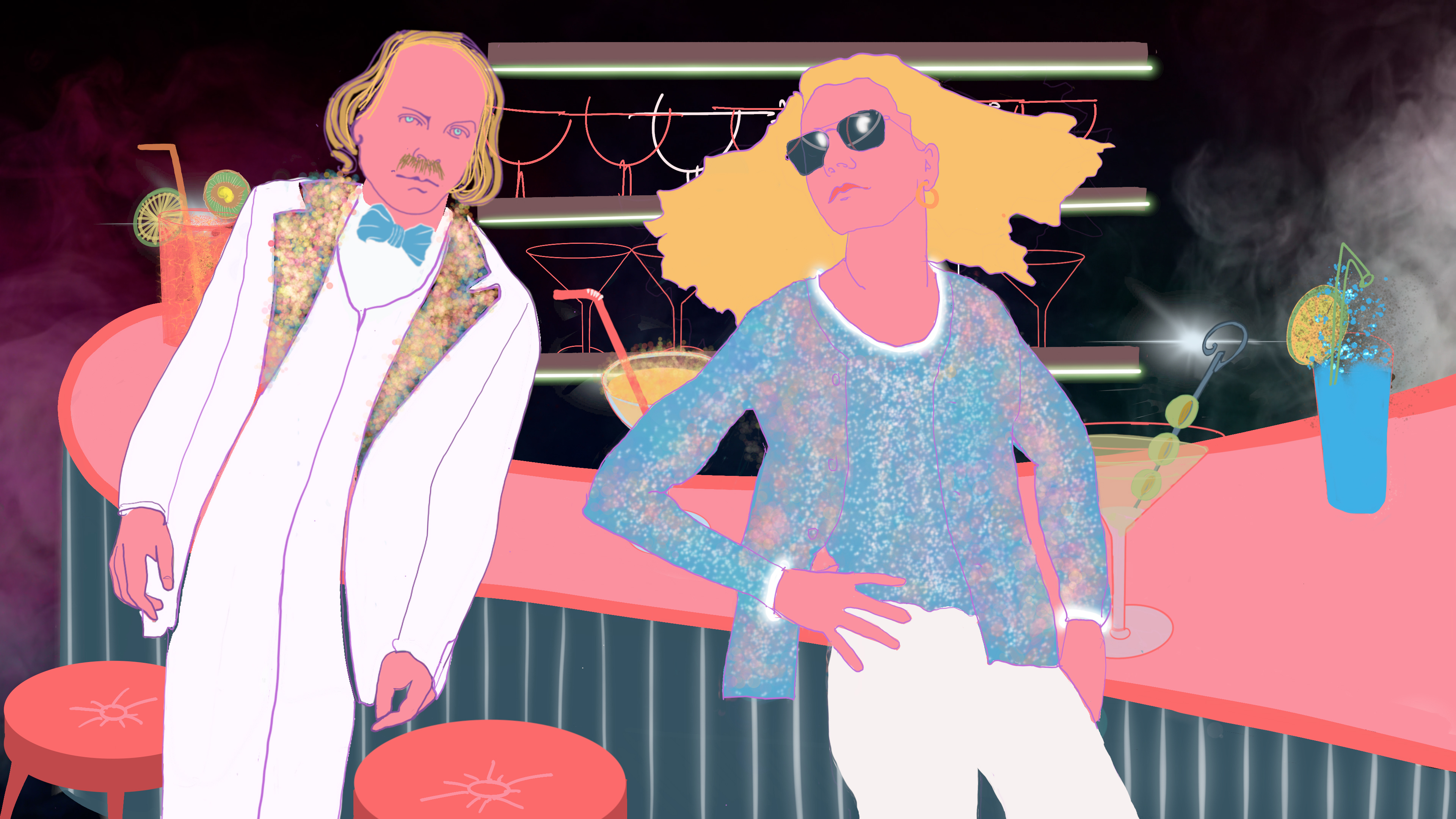 Extrait du clip pop "Roméo" de Mamfredos avec Philippe Katerine. Ils sont accoudés au bar, et attendent un cocktail.